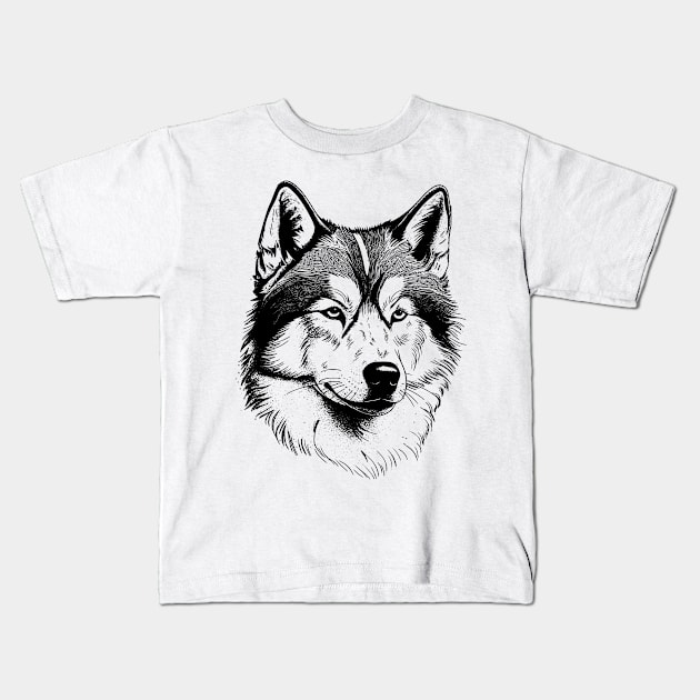 Alaskan Malamute dog minimalistic art illustration in black and white Kids T-Shirt by Danielleroyer